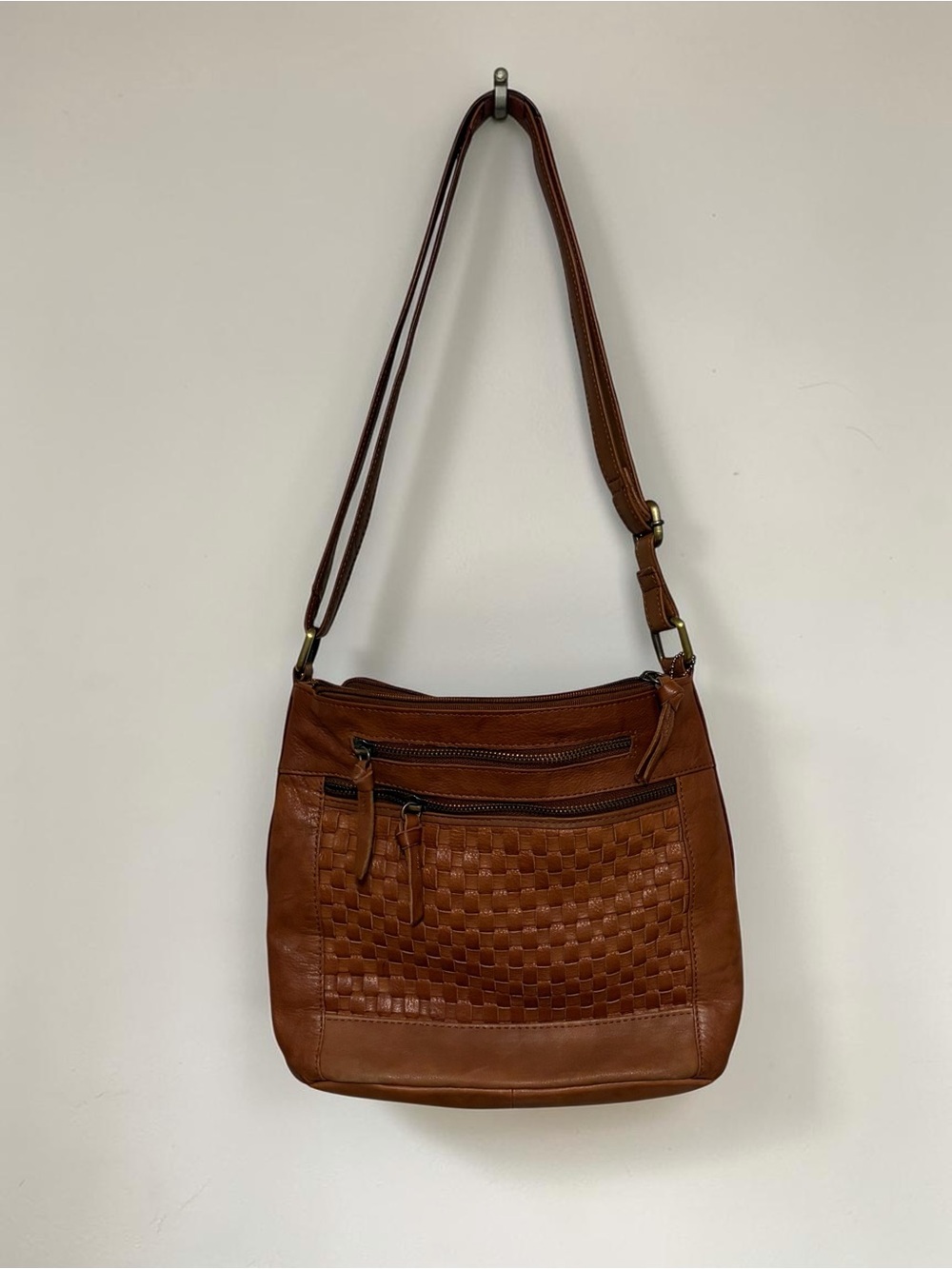 Great American Leather Works Woven Leather Crossbody Bag Multi-Zip Brown Purse
